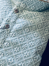 Sky Blue Chikankari Lucknowi Georgette Men Kurta Pajama Set with Lining | Chikhankari Kurtas | Mens Ethnic Wear | Kaash Collection Kurta Set - Kaash Collection