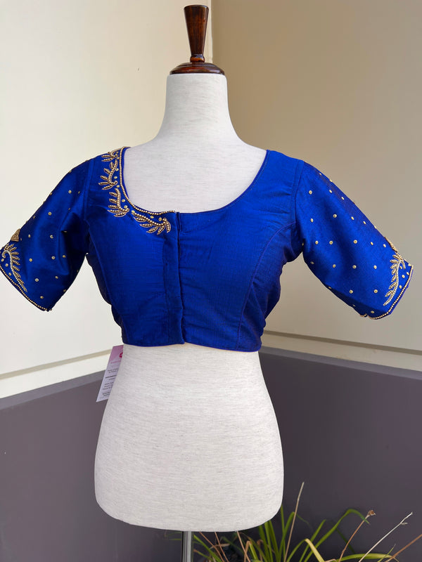 Royal Blue Raw Silk Ready to Wear Blouse | Handwork Blouses | Padded Blouse | Size - 36 | Readymade Saree Blouses | Blue Color Blouse
