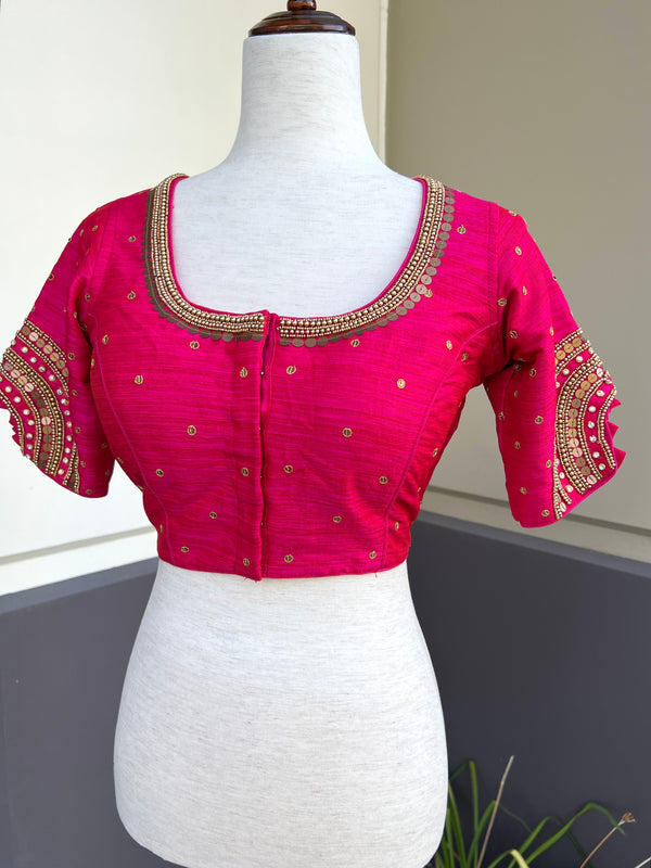Hot Pink Color Raw Silk Ready to Wear Blouse | Handwork Blouses | Padded Blouse | Readymade Saree Blouses | Pink Color Blouse Readytowear