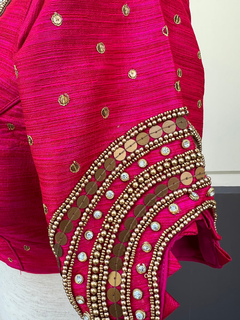 Hot Pink Color Raw Silk Ready to Wear Blouse | Handwork Blouses | Padded Blouse | Readymade Saree Blouses | Pink Color Blouse Readytowear