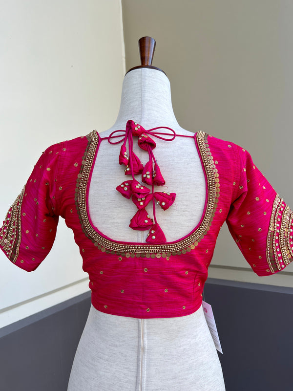 Hot Pink Color Raw Silk Ready to Wear Blouse | Handwork Blouses | Padded Blouse | Readymade Saree Blouses | Pink Color Blouse Readytowear