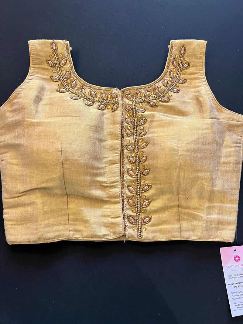 Light Gold Color Tissue Silk Readymade Blouse | Sleeveless Blouse | Read to Wear Blouses | Blouses for Sarees | Handwork Blouse with beads