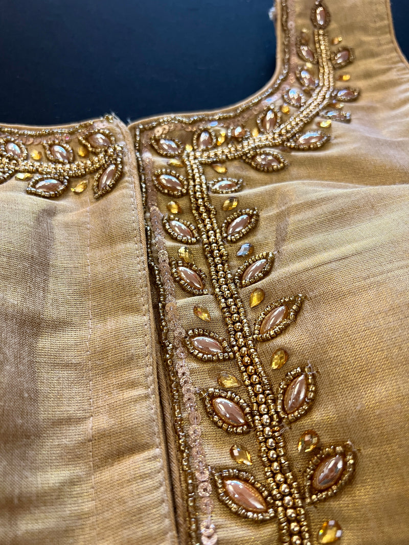 Light Gold Color Tissue Silk Readymade Blouse | Sleeveless Blouse | Read to Wear Blouses | Blouses for Sarees | Handwork Blouse with beads