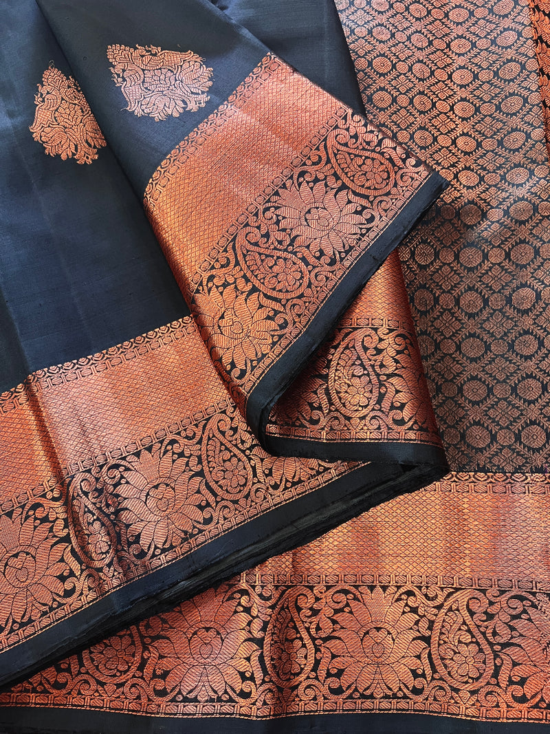 Bottle Green Pure Kanjivaram Silk Saree with Copper Zari Weave Handwoven | Kanchipuram Pure Silk Sarees | SILK MARK CERTIFIED