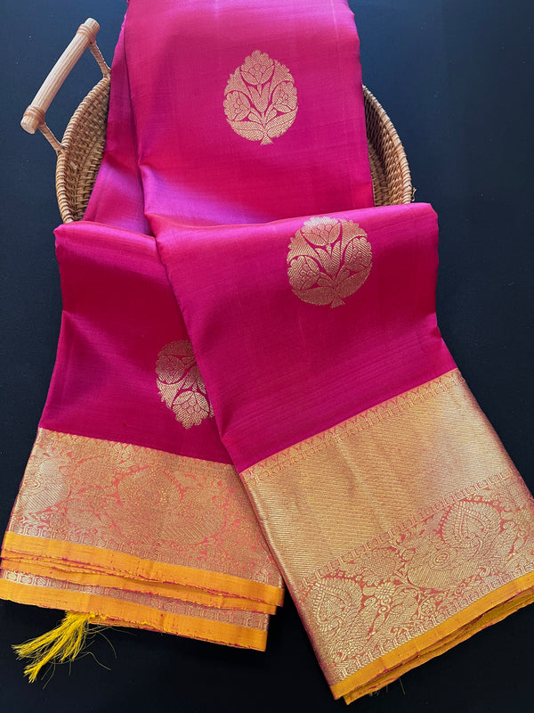 Magenta Pink with Yellow Pure Kanjivaram Silk Saree | Gold Zari Weave | Pure Silk Sarees | Pure Kanchipuram Silk |  SILK MARK CERTIFIED