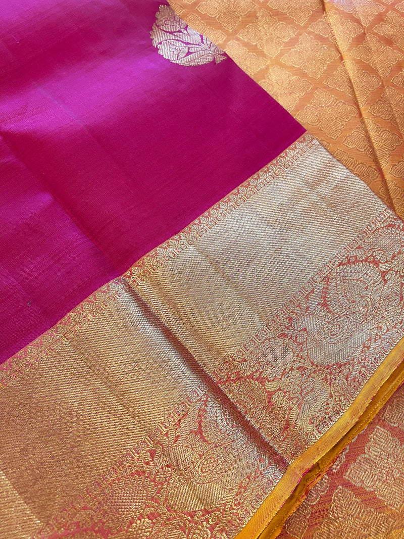 Magenta Pink with Yellow Pure Kanjivaram Silk Saree | Gold Zari Weave | Pure Silk Sarees | Pure Kanchipuram Silk |  SILK MARK CERTIFIED