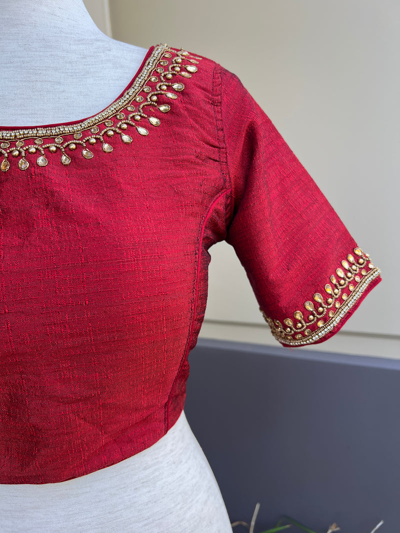 Boat Neck Maroon Color Raw Silk Ready to Wear Blouse  | Handwork Blouses | Readymade Blouses for Sarees | Maroon Color Saree Blouse
