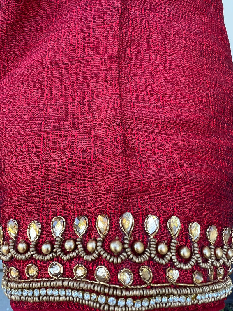 Boat Neck Maroon Color Raw Silk Ready to Wear Blouse  | Handwork Blouses | Readymade Blouses for Sarees | Maroon Color Saree Blouse