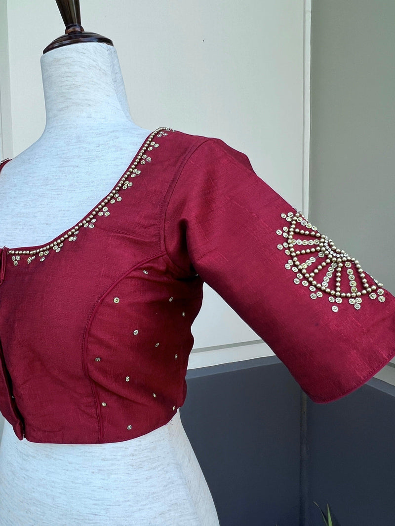 Maroon Color Raw Silk Ready to Wear Blouse | Handwork Blouses | Readymade Blouses for Sarees | Maroon Color Saree Blouse - Kaash