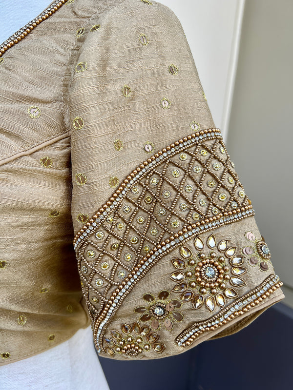 Light Gold Color Raw Silk Ready to Wear Blouse | Handwork Blouses | Padded Blouse | Readymade Saree Blouses | Kaash Collection