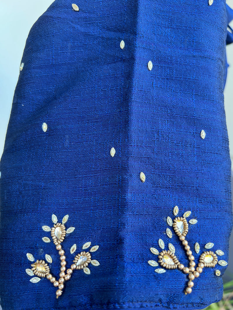 Blue Color Raw Silk Ready to Wear Blouse | Handwork Blouse | Padded Blouse | Readymade Saree Blouse | Stitched Blouses for Saree