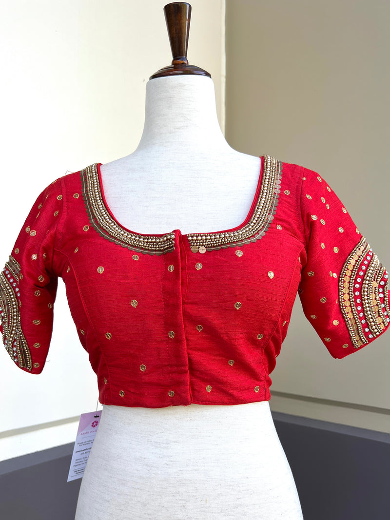 Tomato Red Color Raw Silk Ready to Wear Blouse | Handwork Blouses | Padded Blouse | Readymade Saree Blouses | Red Color Blouse