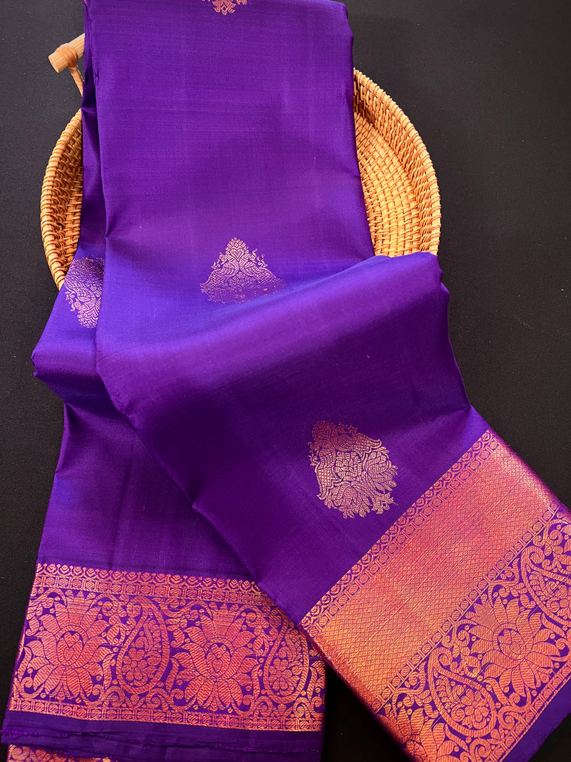 Violet Pure Kanjivaram Silk Saree with Copper Zari Weave | Heirloom Kanchipuram Pure Silk Sari | SILK MARK CERTIFIED