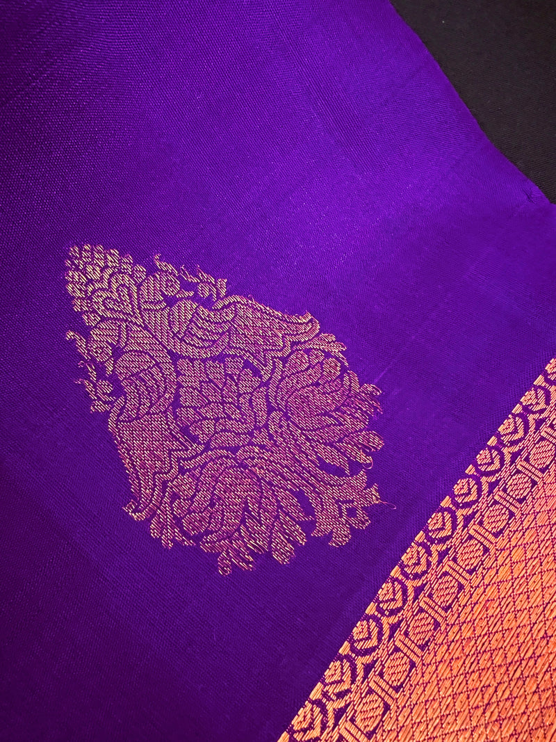 Violet Pure Kanjivaram Silk Saree with Copper Zari Weave | Heirloom Kanchipuram Pure Silk Sari | SILK MARK CERTIFIED