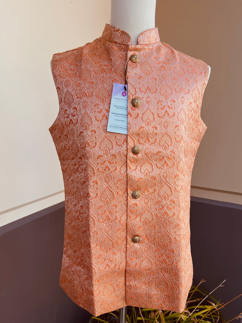 Designer Peach Modi Nehru Jacket For Men in Brocade | Waist Coat | Jacket for Kurta | Gift For Him | Wedding Kurta | Peach Jacket