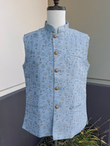 Designer Light Blue Floral Jacket For Men with Weave Work | Jacket for Kurta | Wedding Jackets for Kurta | Kurta Jackets | Blue Mens Jacket