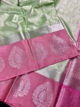Lime Green with Baby Pink Saree | Sliver Kajivaram Style Soft Tissue Silk Saree | Soft Silk Sarees | Sarees for Gift | Sarees in USA