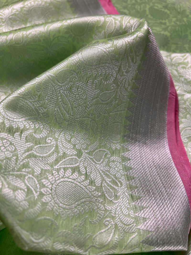 Lime Green with Baby Pink Saree | Sliver Kajivaram Style Soft Tissue Silk Saree | Soft Silk Sarees | Sarees for Gift | Sarees in USA