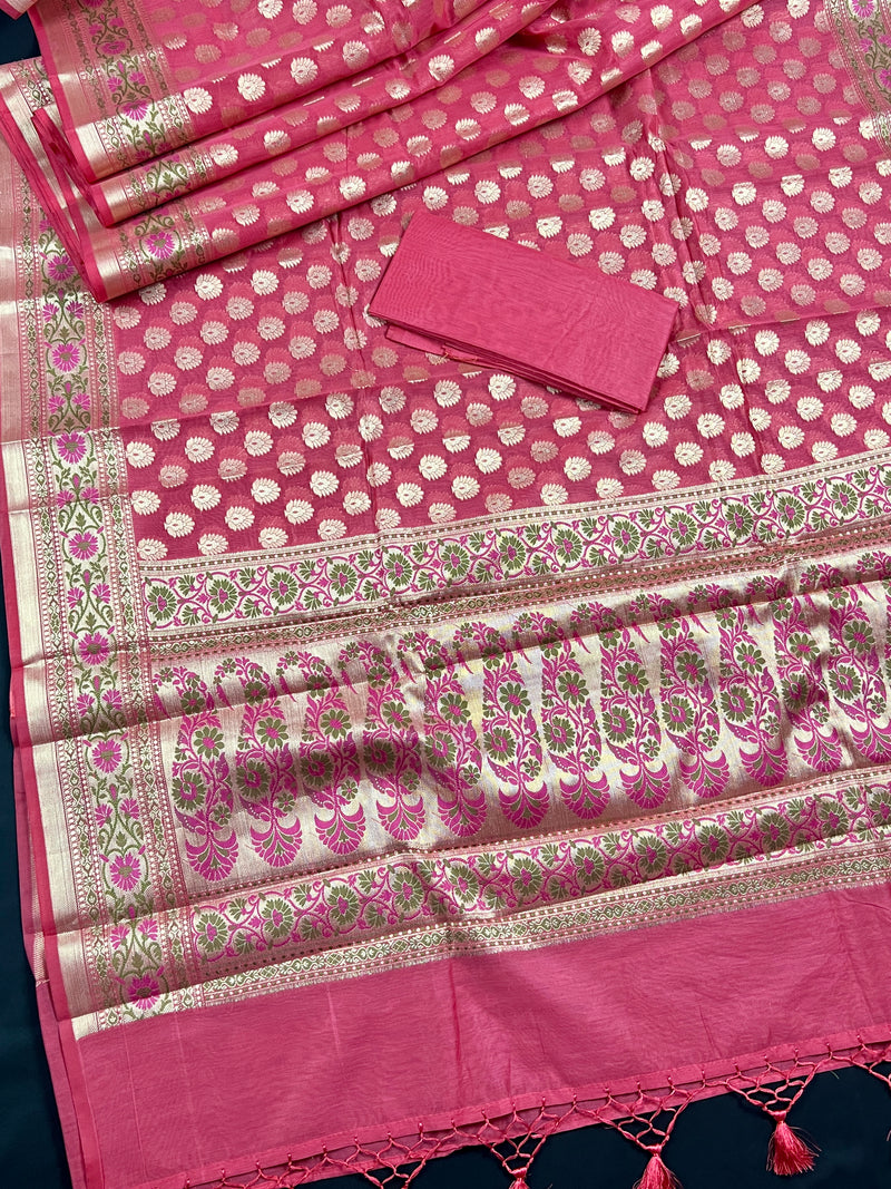 Carrot Color Semi Banarasi Silk Saree with Meenakari Work | Handmade with Zari Weaving | Floral Borders and Pallu