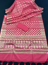 Carrot Color Semi Banarasi Silk Saree with Meenakari Work | Handmade with Zari Weaving | Floral Borders and Pallu