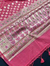 Carrot Color Semi Banarasi Silk Saree with Meenakari Work | Handmade with Zari Weaving | Floral Borders and Pallu