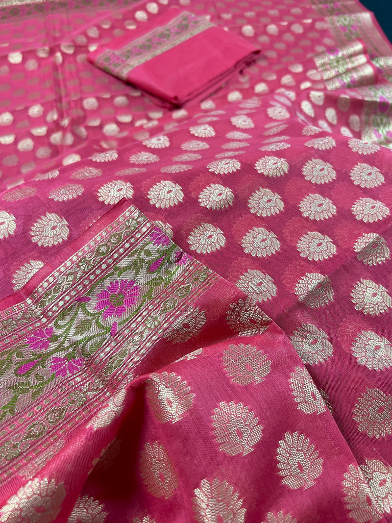 Carrot Color Semi Banarasi Silk Saree with Meenakari Work | Handmade with Zari Weaving | Floral Borders and Pallu