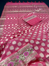 Carrot Color Semi Banarasi Silk Saree with Meenakari Work | Handmade with Zari Weaving | Floral Borders and Pallu