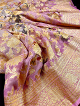 Pure Khaddi Georgette Banarasi Saree in Mauve Pink with Muted Gold Zari with Digital Floral Prints | Handwoven Sarees | SILK MARK CERTIFIED