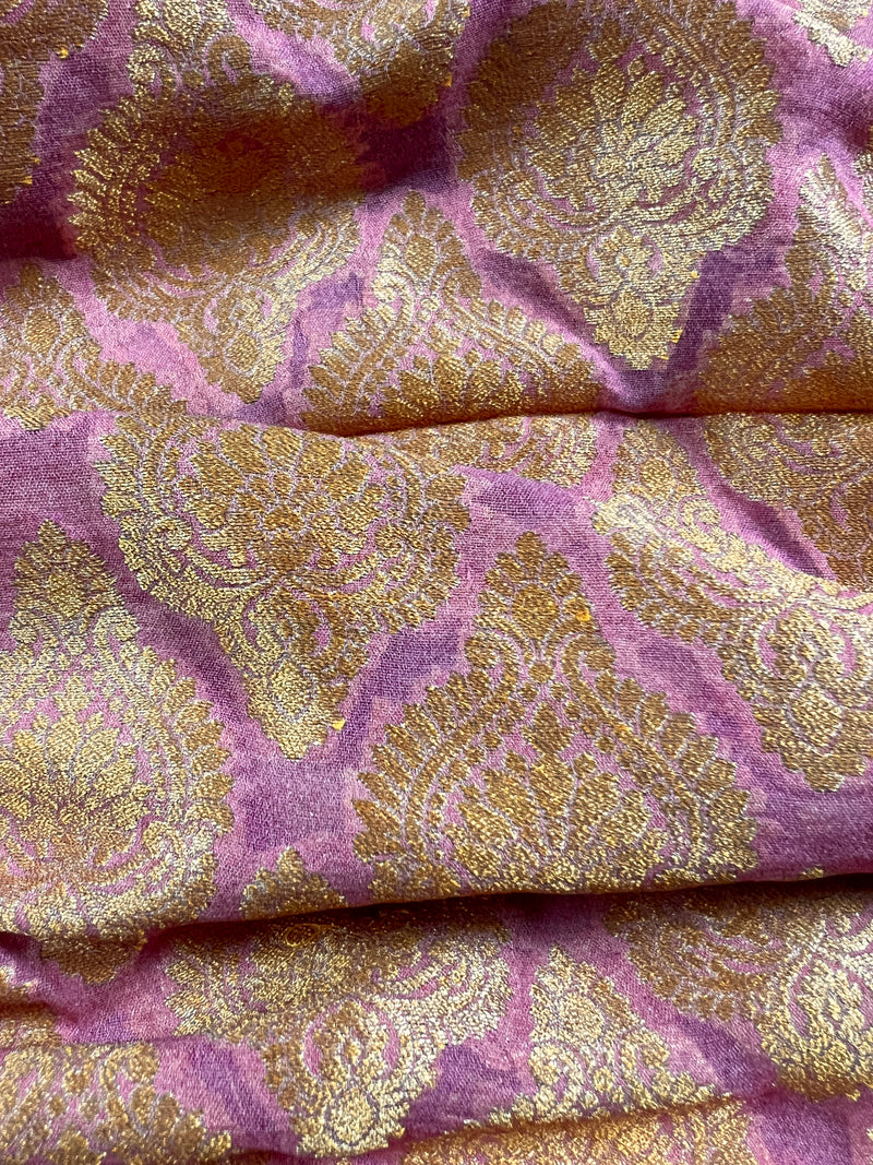 Pure Khaddi Georgette Banarasi Saree in Mauve Pink with Muted Gold Zari with Digital Floral Prints | Handwoven Sarees | SILK MARK CERTIFIED