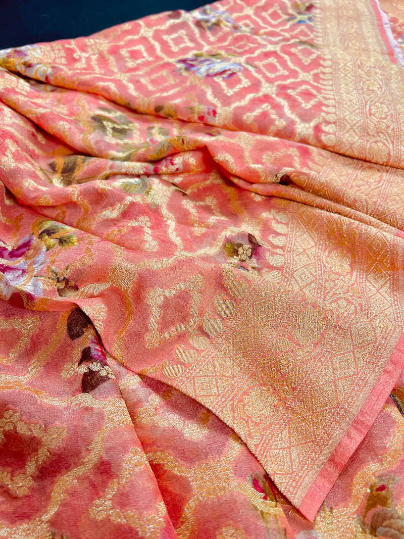 Pure Khaddi Georgette Banarasi Saree in Coral Peach with Muted Gold Zari with Digital Floral Prints | Handwoven Sarees | SILK MARK CERTIFIED