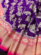 Pure Georgette Purple and Pink Banarasi Saree | Pure Khaadi Georgette | Floral Jaal Saree in Georgette | SILK MARK CERTIFIED Saree - Kaash