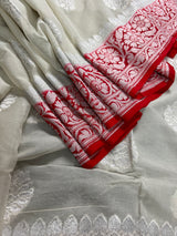 Pearl White with Red Pure Khaddi Georgette Banarasi Silk Saree with Red Pallu and Border | Pure Silk Sarees | SILK MARK CERTIFIED