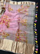 Moss Green with Pink Pure Banarasi Organza Silk Saree with Digital Floral and Antiques Zari | SILK MARK CERTIFIED | Saree Store California