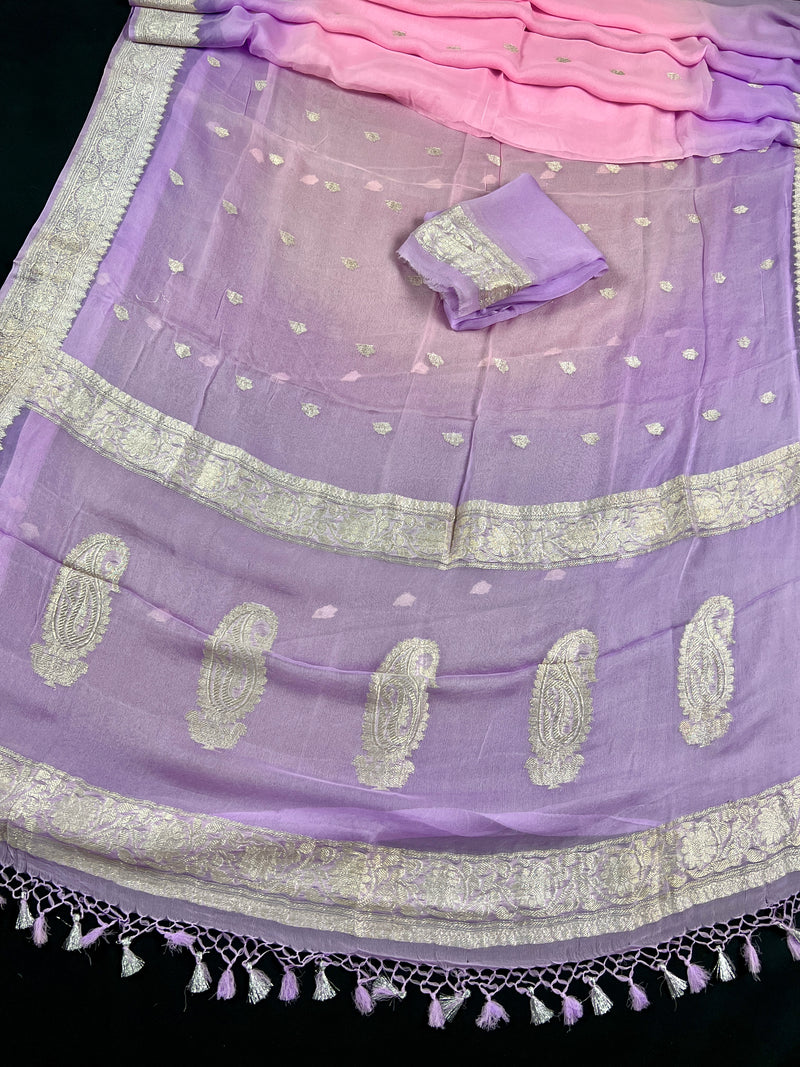 Alia Bhatt Inspired Lavender and Baby Pink Pure Chiffon Silk Saree with Sliver Zari Work | Multi Color Shades | SILK MARK CERTIFIED