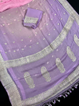 Alia Bhatt Inspired Lavender and Baby Pink Pure Chiffon Silk Saree with Sliver Zari Work | Multi Color Shades | SILK MARK CERTIFIED