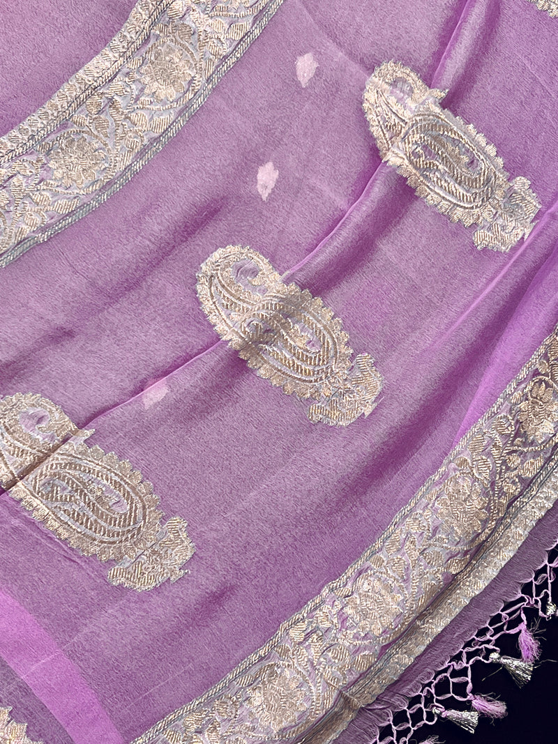 Alia Bhatt Inspired Lavender and Baby Pink Pure Chiffon Silk Saree with Sliver Zari Work | Multi Color Shades | SILK MARK CERTIFIED