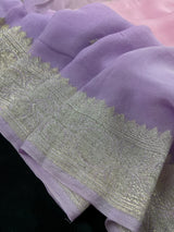 Alia Bhatt Inspired Lavender and Baby Pink Pure Chiffon Silk Saree with Sliver Zari Work | Multi Color Shades | SILK MARK CERTIFIED