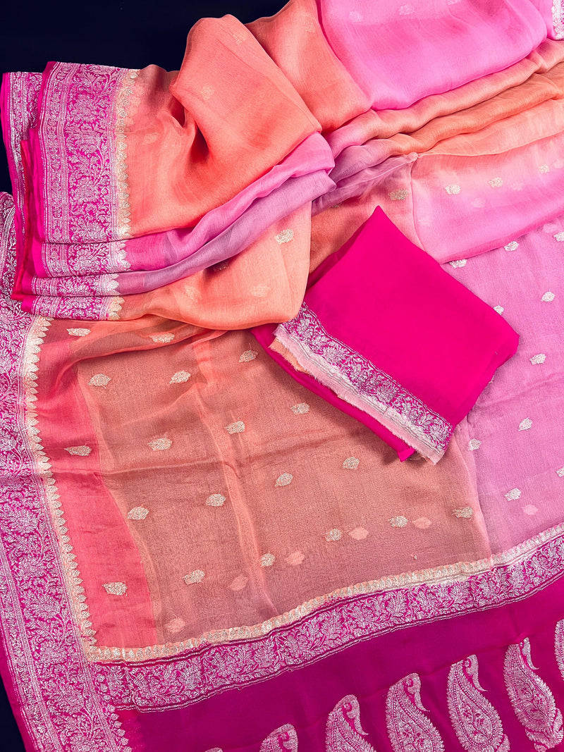 Alia Bhatt Inspired Hot Pink Pure Chiffon Silk Saree with Sliver Zari Work | Multi Color Shades | SILK MARK CERTIFIED | Party Wear Sarees - Kaash