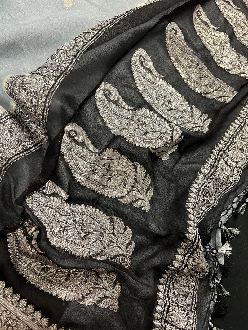 Dolphin Grey and Black Color Pure Chiffon Silk Saree with Sliver Zari Work | Pure Chiffon Saree | SILK MARK CERTIFIED | Party Wear Sarees