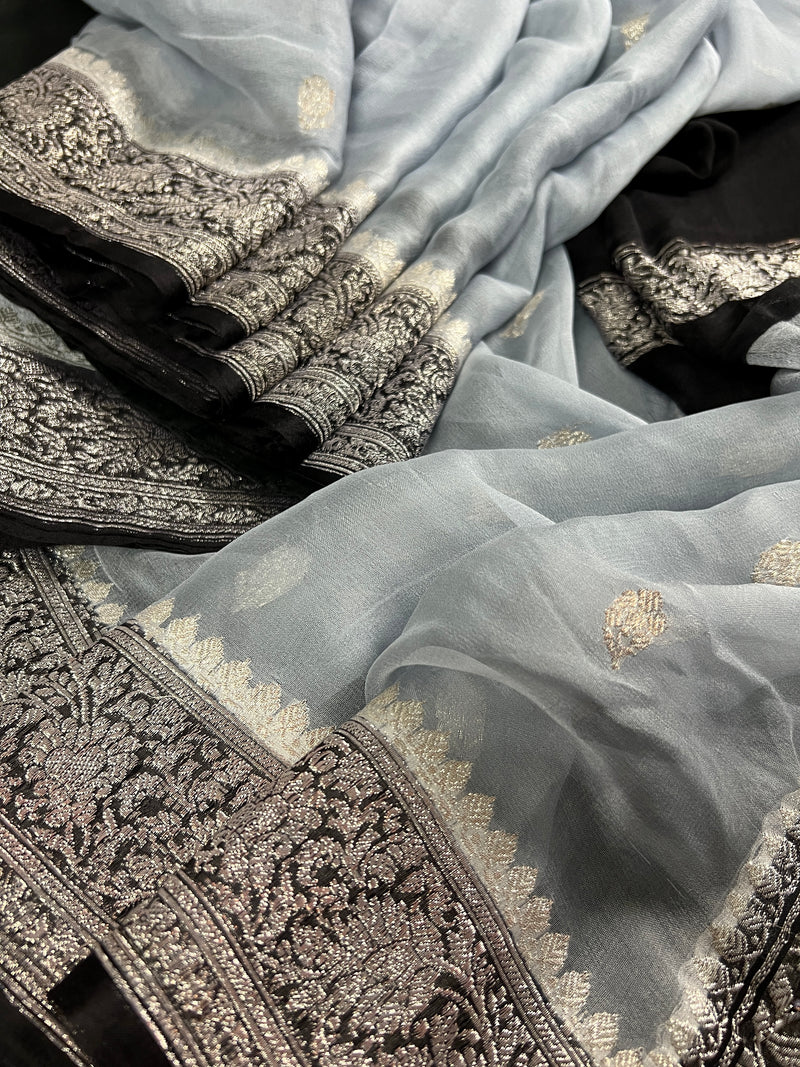 Dolphin Grey and Black Color Pure Chiffon Silk Saree with Sliver Zari Work | Pure Chiffon Saree | SILK MARK CERTIFIED | Party Wear Sarees