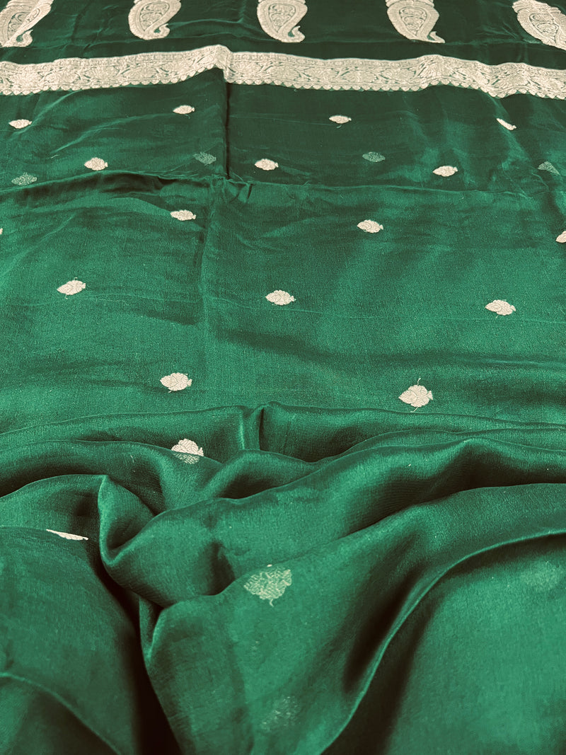 Bottle Green Pure Chiffon Silk Saree with Sliver Zari Work | Ambi Style Butta on the Border | Party Wear Sarees | SILK MARK CERTIFIED