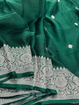 Bottle Green Pure Chiffon Silk Saree with Sliver Zari Work | Ambi Style Butta on the Border | Party Wear Sarees | SILK MARK CERTIFIED