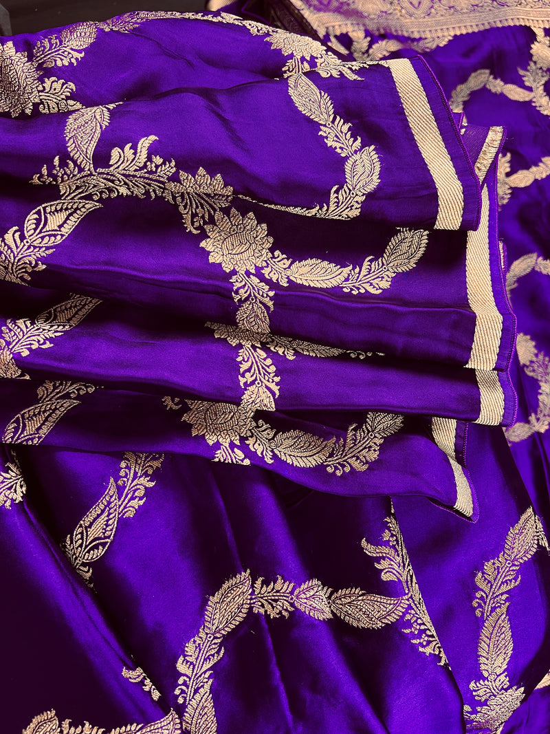 Statement Purple Color Pure Banarasi Satin Silk Saree with Handwoven Gold Zari Weaved Saree | Silk Mark Certified | Kaash Collection