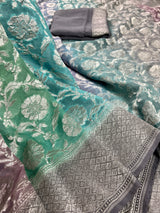 Alia Bhatt Inspired Pastel Grey with Multi Color Pure Khaddi Georgette Banarasi Silk Saree with Platinum Zari Weaving | SILK MARK CERTIFIED