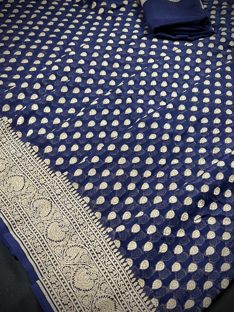 Midnight Blue Color Pure Banarasi Khaddi Georgette Silk Saree with Muted Gold Zari Weaving | Grand Borders | SILK MARK CERTIFIED