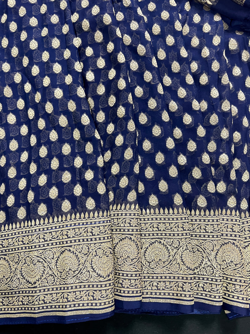 Midnight Blue Color Pure Banarasi Khaddi Georgette Silk Saree with Muted Gold Zari Weaving | Grand Borders | SILK MARK CERTIFIED