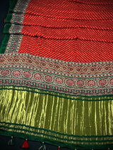 Ruby Red with Bottle Green Color Pure Gajji Silk Saree | Bandhej bandhani Prints | Silk Mark Certified