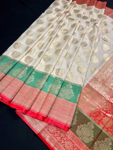 Cream Color with Red combination Traditional Semi Silk Banarasi Saree with floral design | Banarasi Soft Silk Saree
