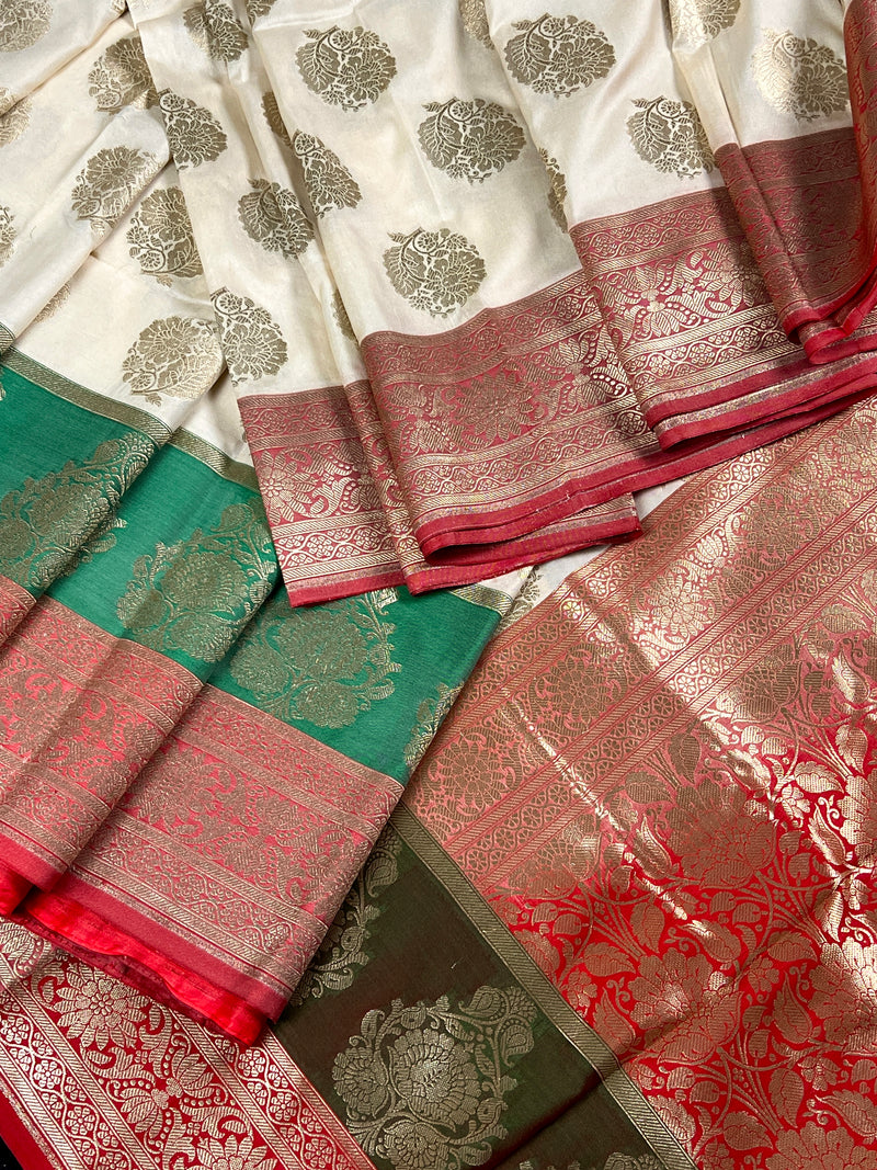 Cream Color with Red combination Traditional Semi Silk Banarasi Saree with floral design | Banarasi Soft Silk Saree
