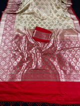 Ivory Cream and Red Banarasi Silk Saree with Floral design with wide border | Soft Silk Handloom | Banarasi Silk Sarees